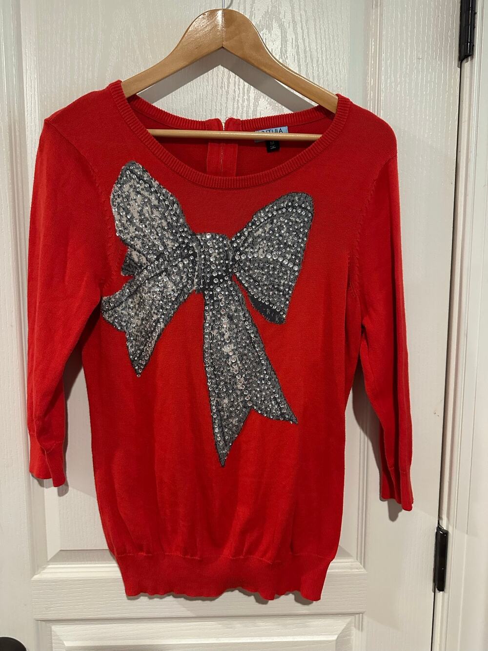 Cynthia Rowley Red Bow Bedazzled Diamond Sweater Medium